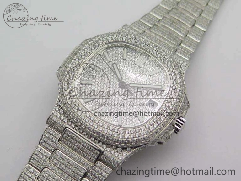 Nautilus Jumbo 5711 Full Paved Diamonds Case Diamond Dial On SS Full Paved Diamonds Bracelet A324