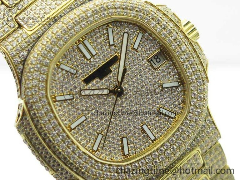 Nautilus Jumbo 5711 Full Paved Diamonds Case Diamond Dial On YG Full Paved Diamonds Bracelet A324