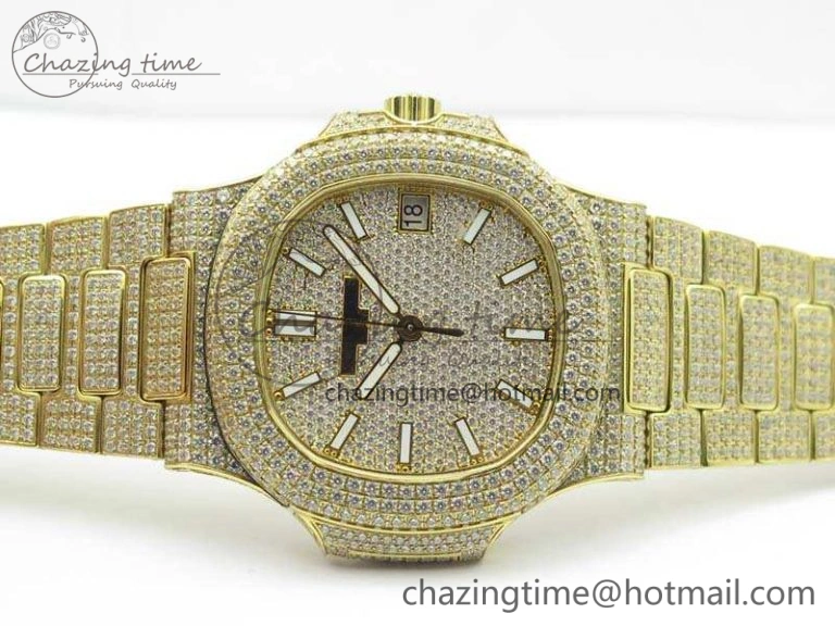 Nautilus Jumbo 5711 Full Paved Diamonds Case Diamond Dial On YG Full Paved Diamonds Bracelet A324
