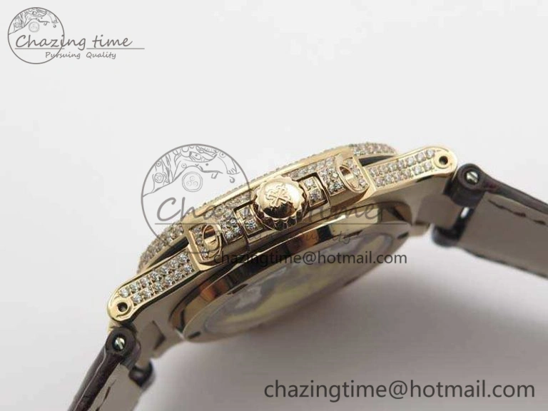 Nautilus Jumbo 5711 RG Full Paved Diamonds White Dial On Brown Croc Leather Strap A324