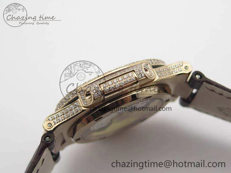 Nautilus Jumbo 5711 RG Full Paved Diamonds White Dial On Brown Croc Leather Strap A324