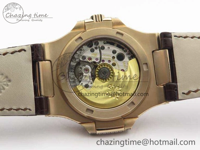 Nautilus Jumbo 5711 RG Full Paved Diamonds White Dial On Brown Croc Leather Strap A324