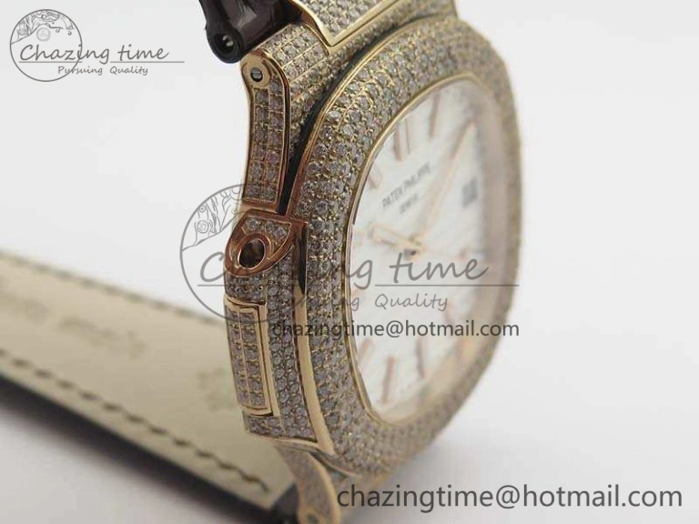 Nautilus Jumbo 5711 RG Full Paved Diamonds White Dial On Brown Croc Leather Strap A324