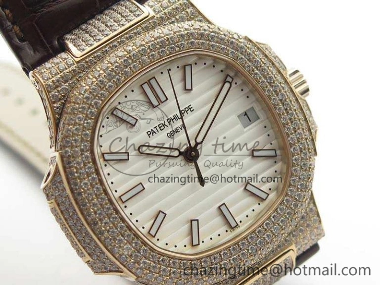 Nautilus Jumbo 5711 RG Full Paved Diamonds White Dial On Brown Croc Leather Strap A324