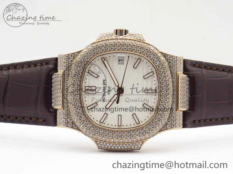 Nautilus Jumbo 5711 RG Full Paved Diamonds White Dial On Brown Croc Leather Strap A324