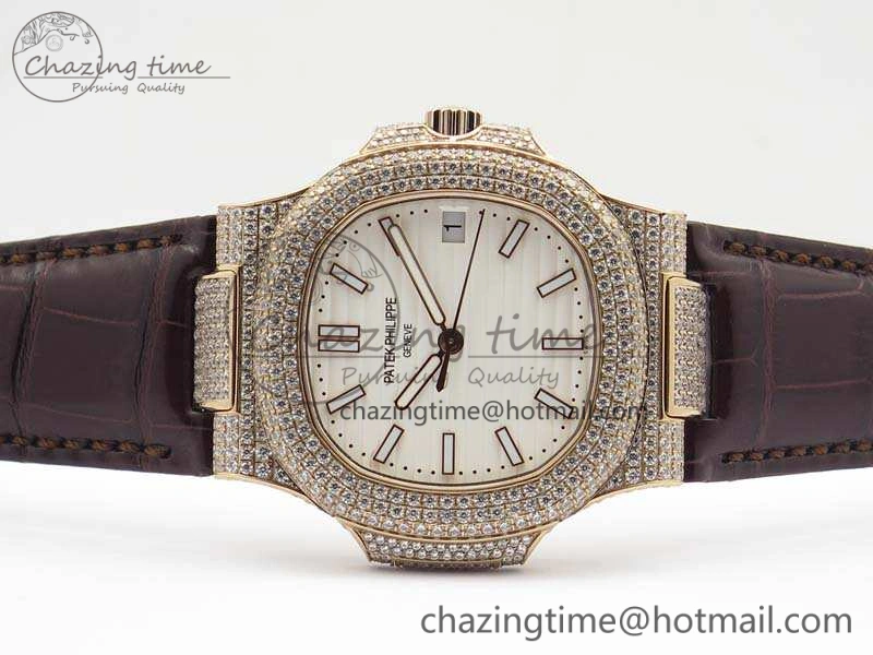 Nautilus Jumbo 5711 RG Full Paved Diamonds White Dial On Brown Croc Leather Strap A324