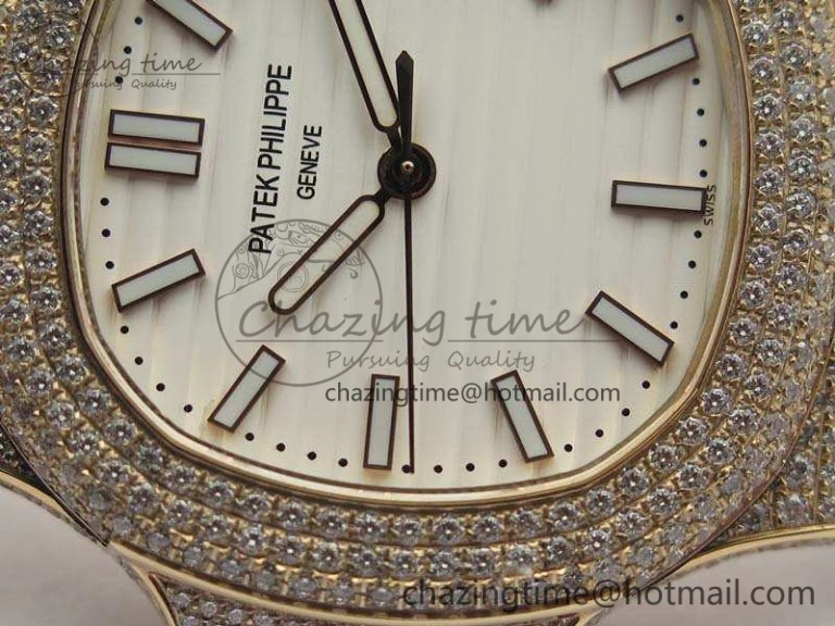 Nautilus Jumbo 5711 RG Full Paved Diamonds White Dial On Brown Croc Leather Strap A324