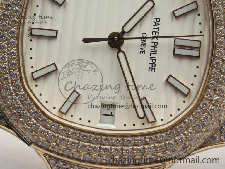 Nautilus Jumbo 5711 RG Full Paved Diamonds White Dial On Brown Croc Leather Strap A324