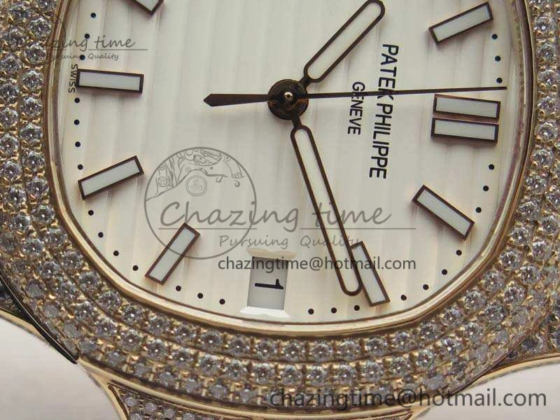 Nautilus Jumbo 5711 RG Full Paved Diamonds White Dial On Brown Croc Leather Strap A324