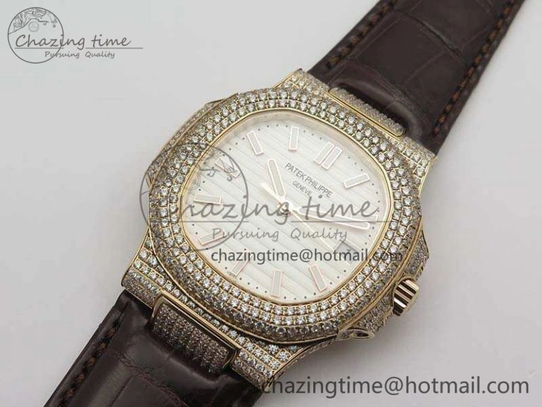 Nautilus Jumbo 5711 RG Full Paved Diamonds White Dial On Brown Croc Leather Strap A324