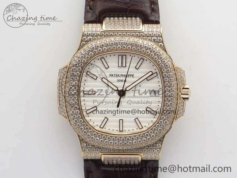 Nautilus Jumbo 5711 RG Full Paved Diamonds White Dial On Brown Croc Leather Strap A324