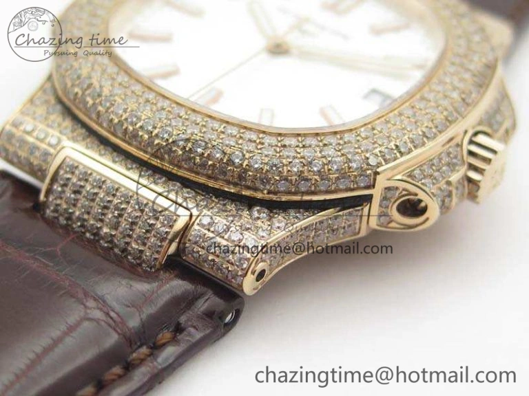 Nautilus Jumbo 5711 RG Full Paved Diamonds White Dial On Brown Croc Leather Strap A324