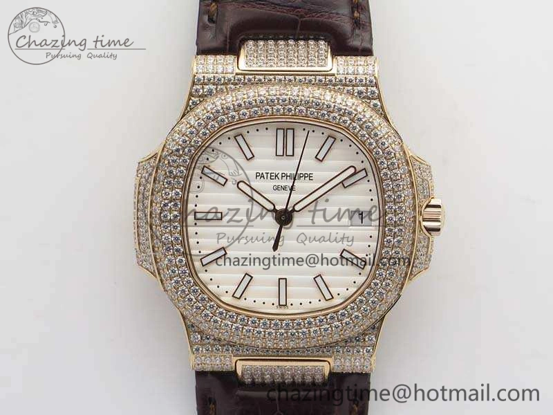 Nautilus Jumbo 5711 RG Full Paved Diamonds White Dial On Brown Croc Leather Strap A324
