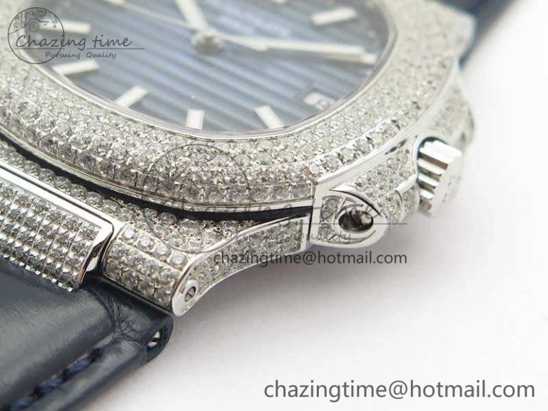 Nautilus Jumbo 5711 SS Full Paved Diamonds Blue Dial On Blue Croc Leather Strap A324