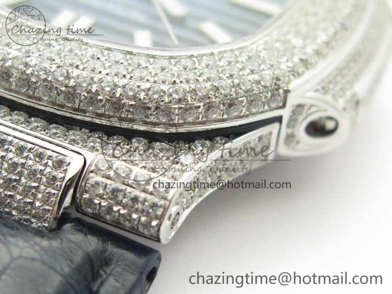 Nautilus Jumbo 5711 SS Full Paved Diamonds Blue Dial On Blue Croc Leather Strap A324