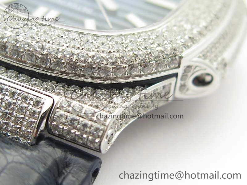 Nautilus Jumbo 5711 SS Full Paved Diamonds Blue Dial On Blue Croc Leather Strap A324