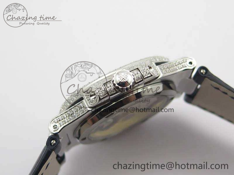 Nautilus Jumbo 5711 SS Full Paved Diamonds Blue Dial On Blue Croc Leather Strap A324