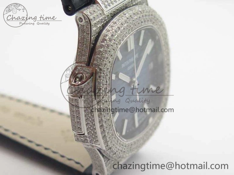 Nautilus Jumbo 5711 SS Full Paved Diamonds Blue Dial On Blue Croc Leather Strap A324