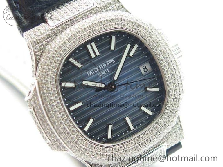 Nautilus Jumbo 5711 SS Full Paved Diamonds Blue Dial On Blue Croc Leather Strap A324