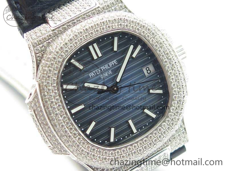 Nautilus Jumbo 5711 SS Full Paved Diamonds Blue Dial On Blue Croc Leather Strap A324