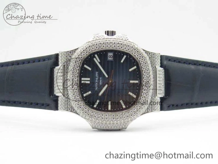 Nautilus Jumbo 5711 SS Full Paved Diamonds Blue Dial On Blue Croc Leather Strap A324