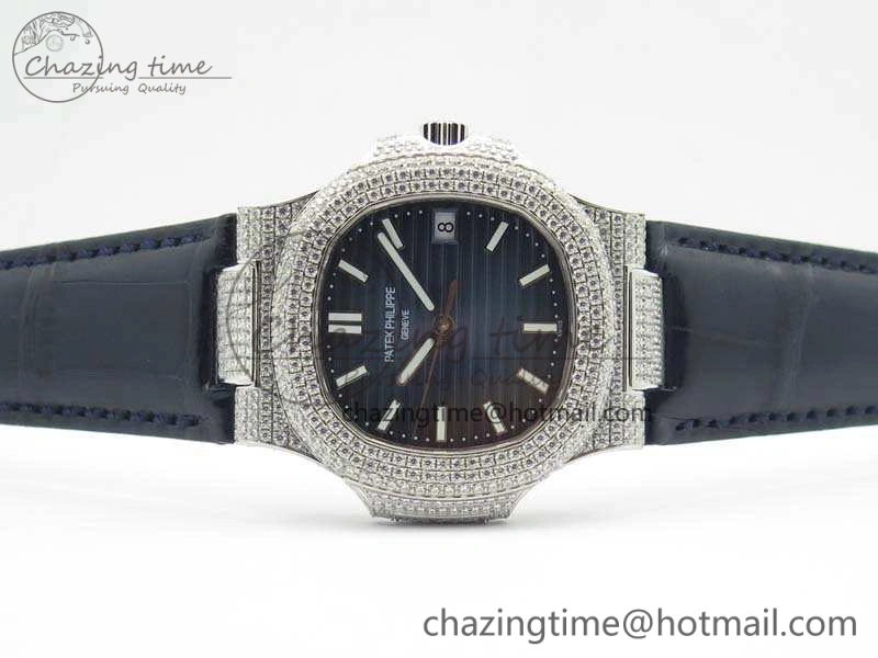 Nautilus Jumbo 5711 SS Full Paved Diamonds Blue Dial On Blue Croc Leather Strap A324