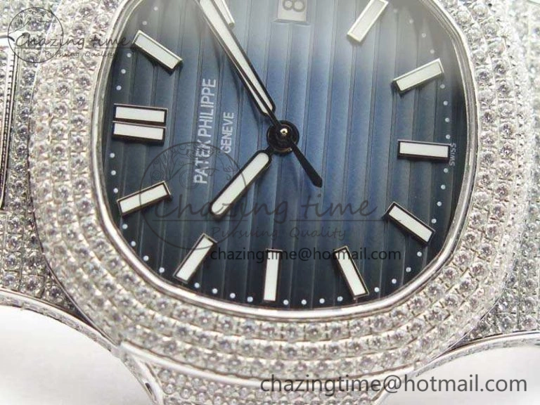 Nautilus Jumbo 5711 SS Full Paved Diamonds Blue Dial On Blue Croc Leather Strap A324