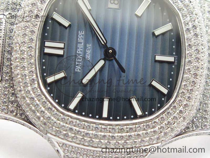 Nautilus Jumbo 5711 SS Full Paved Diamonds Blue Dial On Blue Croc Leather Strap A324
