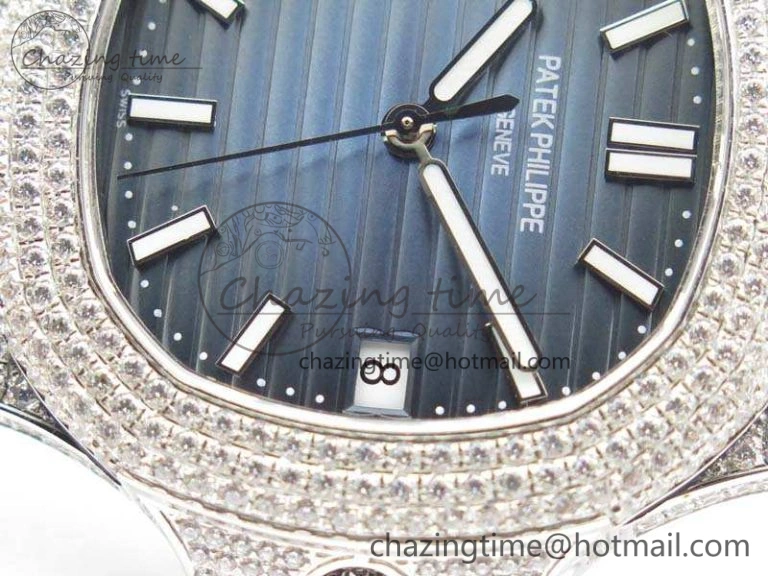 Nautilus Jumbo 5711 SS Full Paved Diamonds Blue Dial On Blue Croc Leather Strap A324