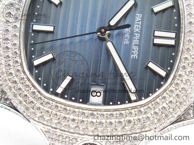 Nautilus Jumbo 5711 SS Full Paved Diamonds Blue Dial On Blue Croc Leather Strap A324
