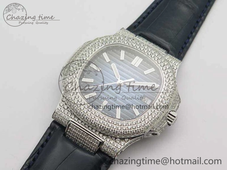 Nautilus Jumbo 5711 SS Full Paved Diamonds Blue Dial On Blue Croc Leather Strap A324