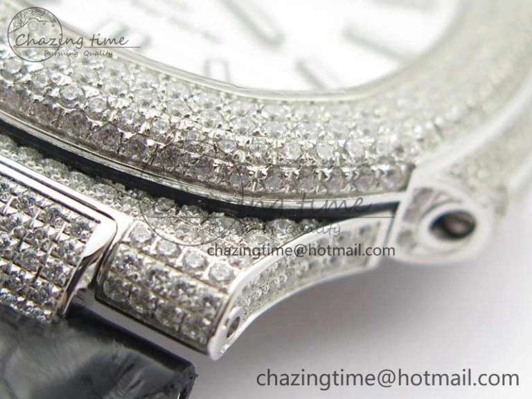 Nautilus Jumbo 5711 SS Full Paved Diamonds White Dial On Black Croc Leather Strap A324