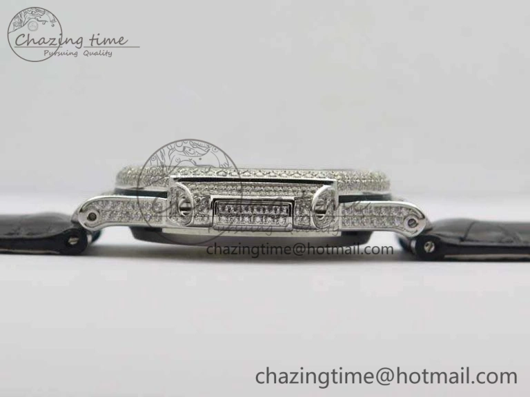 Nautilus Jumbo 5711 SS Full Paved Diamonds White Dial On Black Croc Leather Strap A324