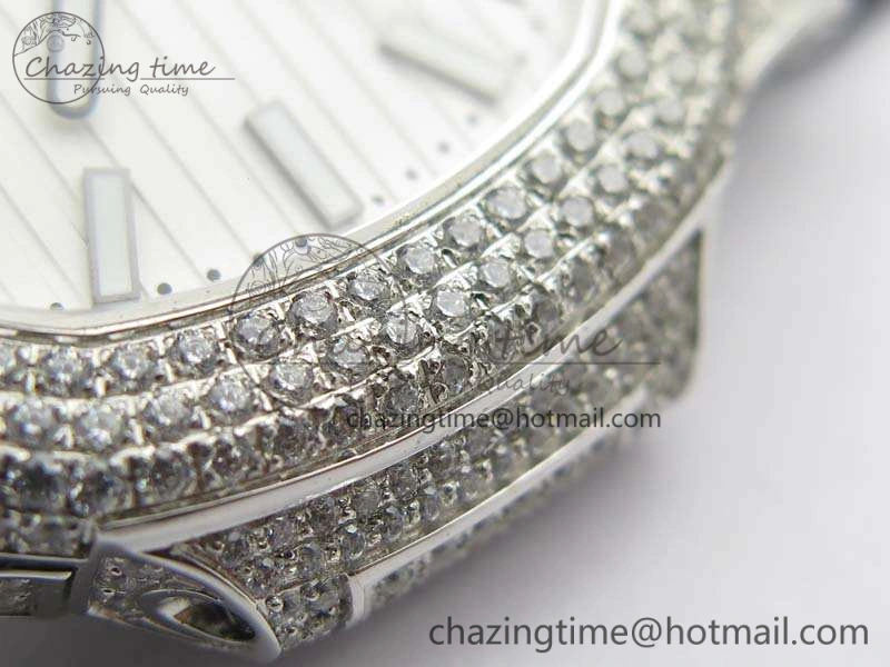 Nautilus Jumbo 5711 SS Full Paved Diamonds White Dial On Black Croc Leather Strap A324