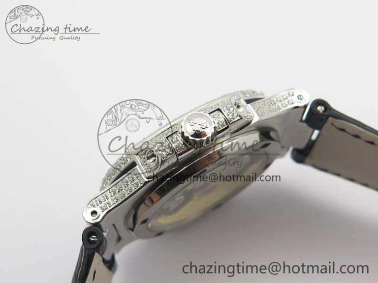 Nautilus Jumbo 5711 SS Full Paved Diamonds White Dial On Black Croc Leather Strap A324