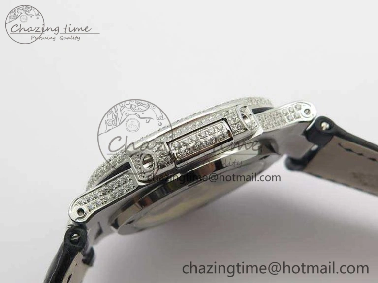 Nautilus Jumbo 5711 SS Full Paved Diamonds White Dial On Black Croc Leather Strap A324