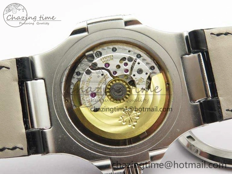 Nautilus Jumbo 5711 SS Full Paved Diamonds White Dial On Black Croc Leather Strap A324