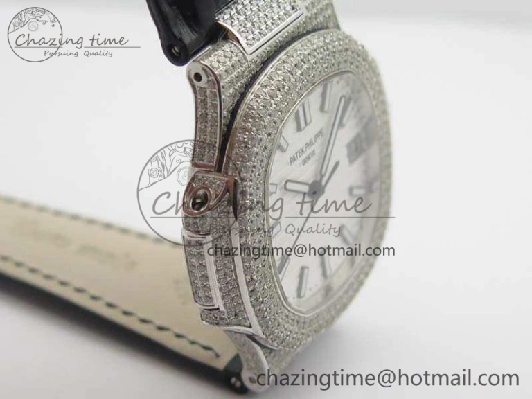 Nautilus Jumbo 5711 SS Full Paved Diamonds White Dial On Black Croc Leather Strap A324