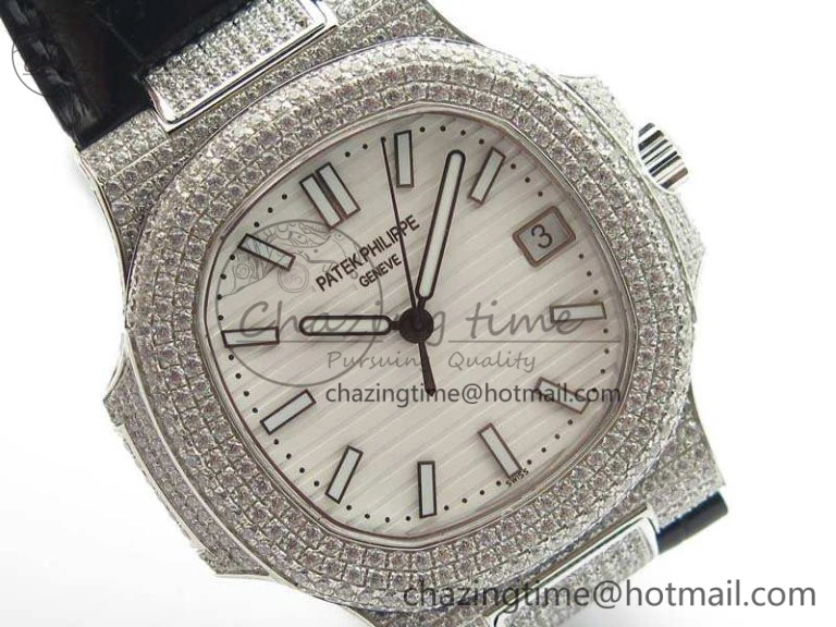 Nautilus Jumbo 5711 SS Full Paved Diamonds White Dial On Black Croc Leather Strap A324