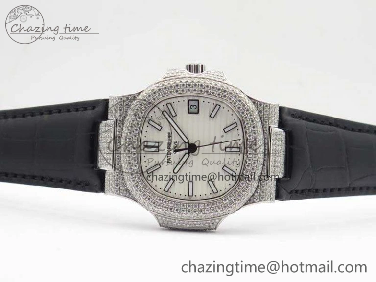 Nautilus Jumbo 5711 SS Full Paved Diamonds White Dial On Black Croc Leather Strap A324