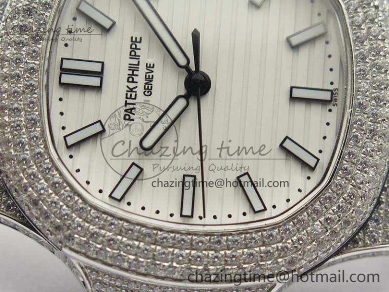 Nautilus Jumbo 5711 SS Full Paved Diamonds White Dial On Black Croc Leather Strap A324