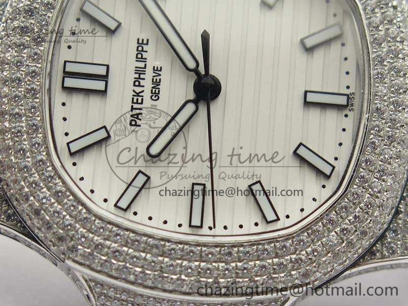 Nautilus Jumbo 5711 SS Full Paved Diamonds White Dial On Black Croc Leather Strap A324