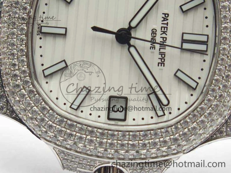 Nautilus Jumbo 5711 SS Full Paved Diamonds White Dial On Black Croc Leather Strap A324