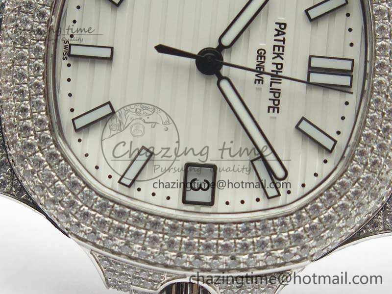 Nautilus Jumbo 5711 SS Full Paved Diamonds White Dial On Black Croc Leather Strap A324
