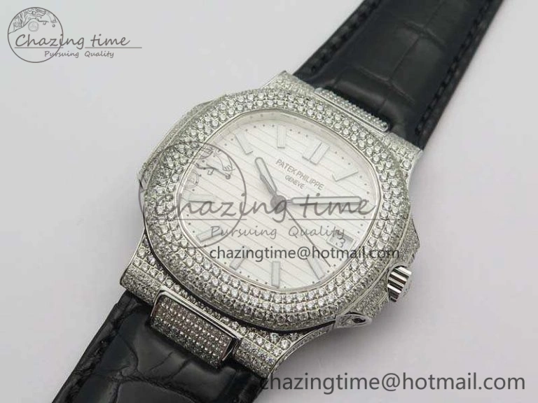 Nautilus Jumbo 5711 SS Full Paved Diamonds White Dial On Black Croc Leather Strap A324