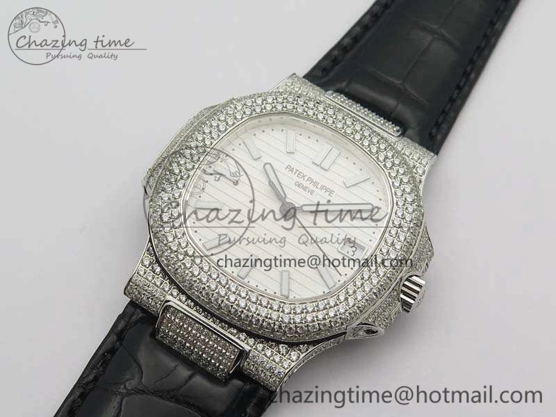 Nautilus Jumbo 5711 SS Full Paved Diamonds White Dial On Black Croc Leather Strap A324