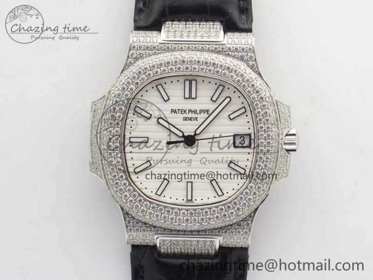 Nautilus Jumbo 5711 SS Full Paved Diamonds White Dial On Black Croc Leather Strap A324