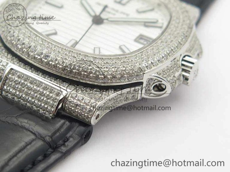 Nautilus Jumbo 5711 SS Full Paved Diamonds White Dial On Black Croc Leather Strap A324