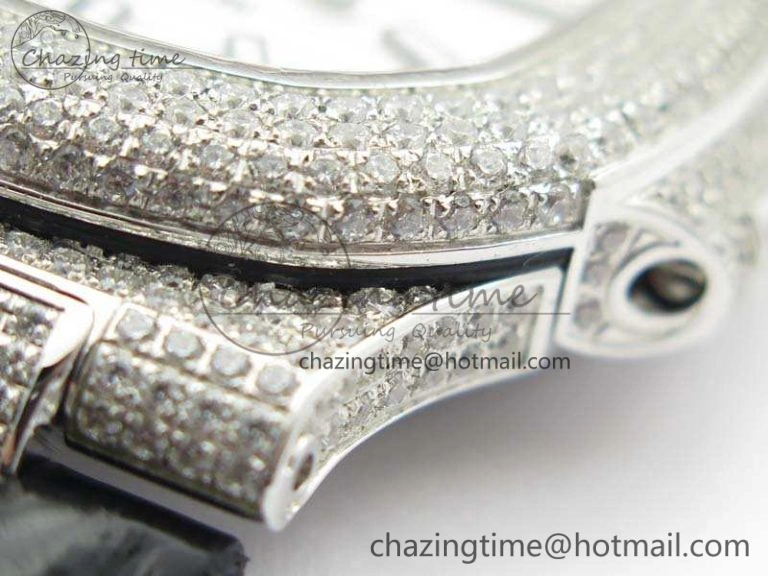 Nautilus Jumbo 5711 SS Full Paved Diamonds White Dial On Black Croc Leather Strap A324