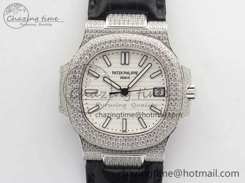 Nautilus Jumbo 5711 SS Full Paved Diamonds White Dial On Black Croc Leather Strap A324
